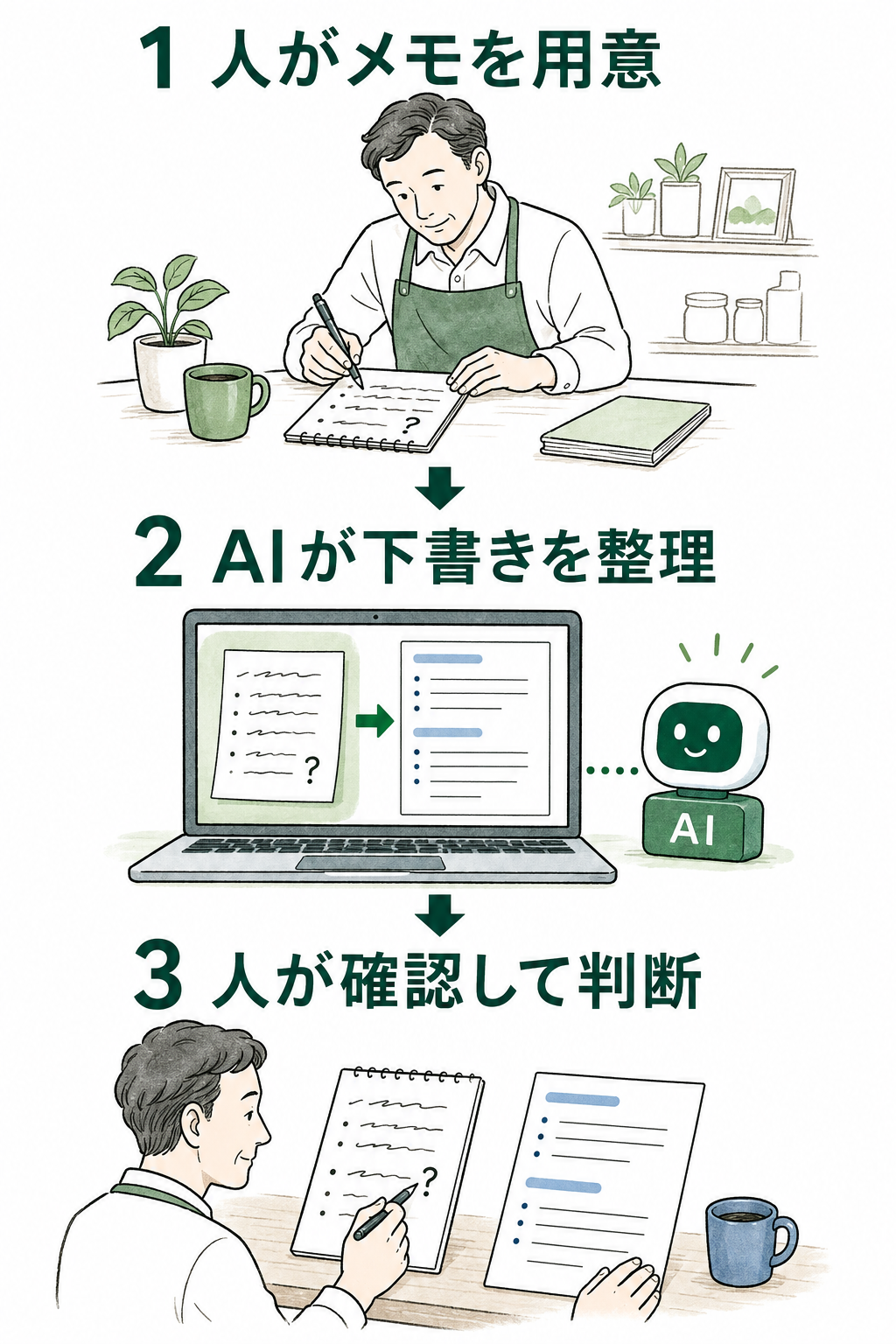 人がメモを用意し、AIが下書きを整理し、人が確認して判断する3場面の概念図